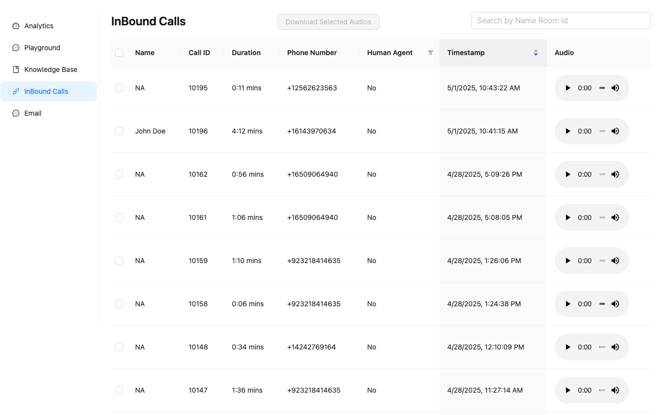 Inbound calls list with call recordings